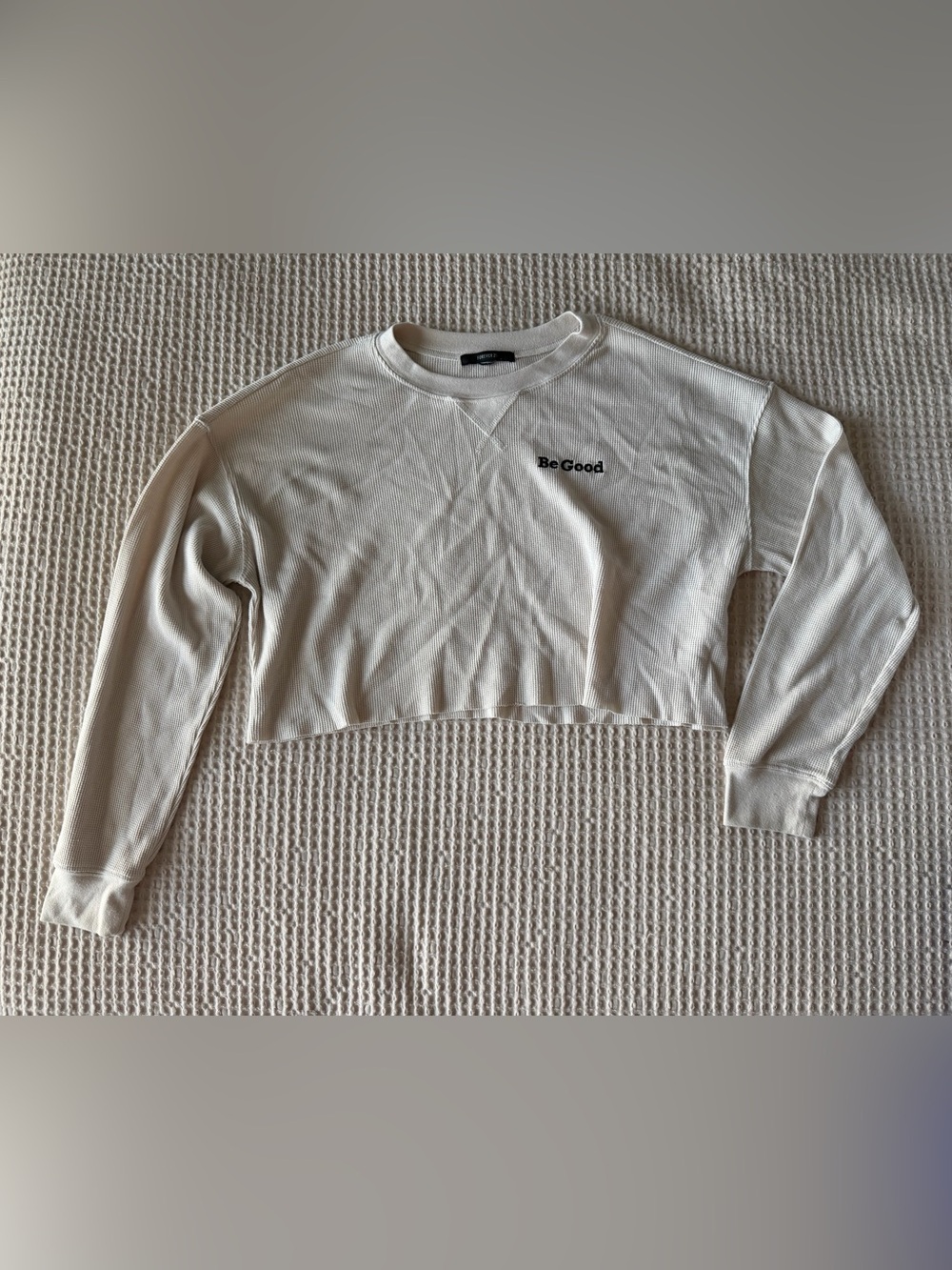 Forever 21 Cream Cropped Waffle-Knit 'Be Good' Sweatshirt